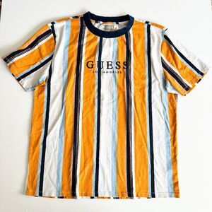 Guess Retro 90s-style Striped Yellow Blue Cotton T-Shirt Men’s Size Large FLAW